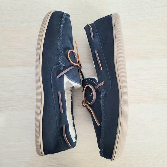 J Crew Mens Sherpa Lined Suede Fuzzy Moccasin Slippers Leather Blue Brown 12